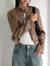 Ant no collar biker washing cropped leather jacket