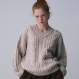 V-NECK CABLE KNIT PULLOVER, BEIGE