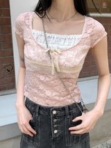 リワンピンクシースルーレースリボンスクエア半袖Tシャツ / Liwan Pink See-through Lace Ribbon Square Short Sleeve T-shirt