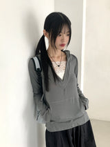 Rti Vintage V-neck Lace Hooded Long Sleeve T-shirt