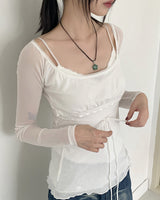 Pchiron see-through ribbon strap long-sleeve blouse