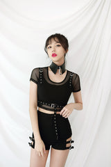 レイヤードメッシュショートスリーブクロップ / TOP(6631) Layered Mesh Short Sleeve Crop