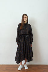 "PRE-ORDER 4/16~"  WOOD-CUT UNBALANCE FLARE SKIRT (Black) (6546130174070)