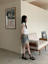 ローバエンボスパールボタン半袖ブラウス / Roba Embossed Pearl Button Short Sleeve Blouse