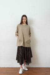 "PRE-ORDER 4/16~"  WOOD-CUT UNBALANCE FLARE SKIRT (Khaki) (6546130501750)