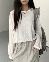 シースルー バックリボン ビーチウェア リネン 長袖 カーディガン/ Fyuber See-Through Back Ribbon Beachwear Linen Long-Sleeved Cardigan