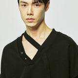 vネックレイヤードストリングピアススウェット / v-neck layerd string pierced mtm black