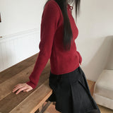 Listy off-shoulder ribbon strap ribbed crop long-sleeved knit
