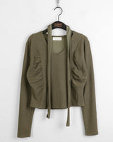 [Scarp Set] Purden V-neck Side Shirring Cropped Long-Sleeved T-shirt