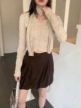 Tory V-neck Shirring Pleated Cropped Long-Sleeved T-shirt