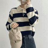 ストライプボタンカラーニットウェア/Color stripe button collar knitwear