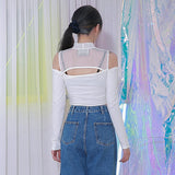 ジッパーショルダーメッシュクロップTシャツ/TOP(8304) Zipper Shoulder Mesh Crop Tee