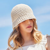 Monogram label knit punching summer bucket hat Cream