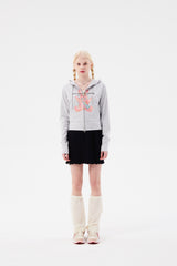 WITTY BUNNY SPLIT GRAPHIC CROP HOODIE ZIP UP [MELANGE GRAY]