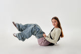 CHERRY GARMENT WASHING WIDE-FIT DENIM PANTS [PURPLE]