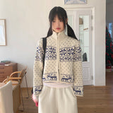 Sikok Snow Flower Nordic Pattern Two-Way Knit Zip-Up Cardigan