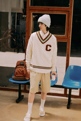 ブラウンCワッペン ミントラインVネックニット・アイボリー［ユニセックス］/ Brown C Patch Mint Line Ivory Unisex V-Neck 