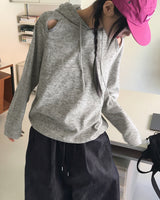 Onbi shoulder slit string boxy long sleeve hooded t-shirt