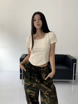 バレンベーシックインシジョンスクエアネック半袖Tシャツ/Baren Basic Incision Square Neck Short Sleeve T-shirt