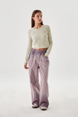 CHERRY GARMENT WASHING WIDE-FIT DENIM PANTS [PURPLE]