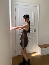Roffin brown halter beaded shirring unbalanced tube top