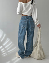 Flower string denim wide pants