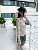 ヒートアンボタンオフショルダースナップトットボタンロングスリーブTシャツ
