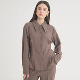 ウールストライプピンタックシャツ / Wool Stripe Pintuck Shirt (Brown)