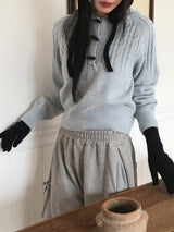 [Wool 15] ハインドツイストトッポッキボタンフードニット