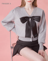 [YOUNHA 着用]ベーシッククロップドリボンポイントスリムフィットカーディガン / Basic Cropped Ribbon Point Slim Fit Cardigan 2 Colors