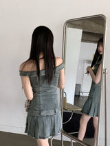 Raphim Off Shoulder Low Belt Pleated Mini One Piece