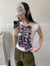 印刷スリーブレス /Otical Funky Double-Sided Printing Cap Sleeveless Cropped Sleeveless Short-Sleeved T-Shirt