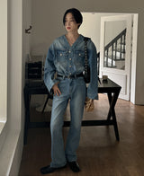 カラーレスブーツカットデニムパンツ/Collarless bootcut denim