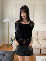 Raon see-through damage corset long sleeve crop knit