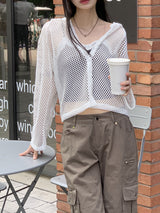 ティシュサマーネットボタン長袖フードカーディガン / Tish Summer Net Button Long-Sleeve Hood Cardigan