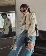 (UNISEX) ナイン 配色 レーシング レザージャケット