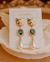 メルビーザキャットシリーズ - エメラルドスクエアアンドパールピアス / Melbie The Cat Series - Emerald Square and Pearls Piercing