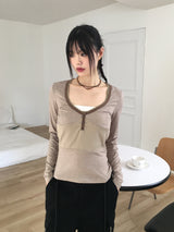 Zenki ビンテージボタンリブスリムVネックTシャツ
