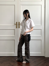 バオポケットVネックオープンカラークロップド半袖シャツ / Bao pocket V-neck open collar cropped short-sleeved shirt