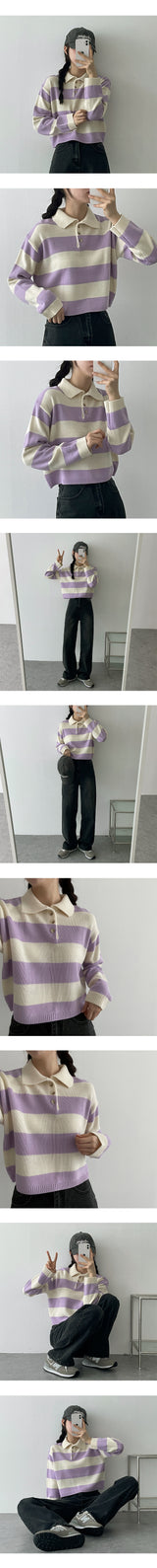 ストライプボタンカラーニットウェア/Color stripe button collar knitwear