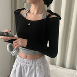 [T-shirt purchase window] Cream Rose, Ribbon Lip Neck Cropped T-shirt + Halter Sleeveless Set-up - 4 colors