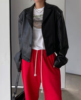 （UNISEX）グリッツボタンクロップレザーブルゾン