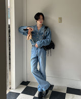 カラーレスブーツカットデニムパンツ/Collarless bootcut denim