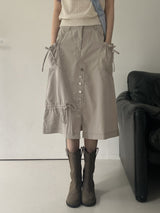 Carvil button ribbon shirring slit half length midi skirt