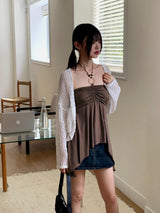 Roffin brown halter beaded shirring unbalanced tube top