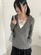 Rti Vintage V-neck Lace Hooded Long Sleeve T-shirt
