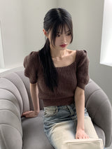 ロミエンパフスクエアバックリボン半袖ニット / Romien Puff Square Back Ribbon Short-Sleeved Knit