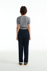 スモールチェリーケーブルクロップ丈のショットスリーブニット／SMALL CHERRY CABLE CROP SHORT SLEEVE KNIT [MELANGE GRAY]