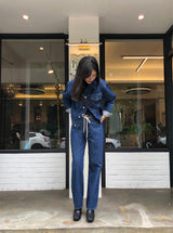 SEMI-WIDE FIT STRING POINT DARK DENIM PANTS [17708]