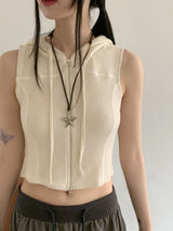 ワズスリムフィットワッフルツーウェイノースリーブベストクロップドフーディージップアップ / Waz Slim Fit Waffle Two-Way Sleeveless Vest Cropped Hoodie Zip-Up